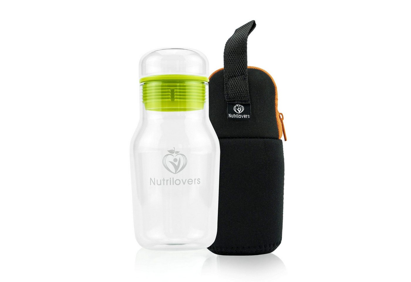 Nutrilovers Trinkflasche Glas Trinkflasche - Robust & Sicher - Für Sport & Büro, Borosilikatglas-Trinkflasche mit schützendem Sleeve