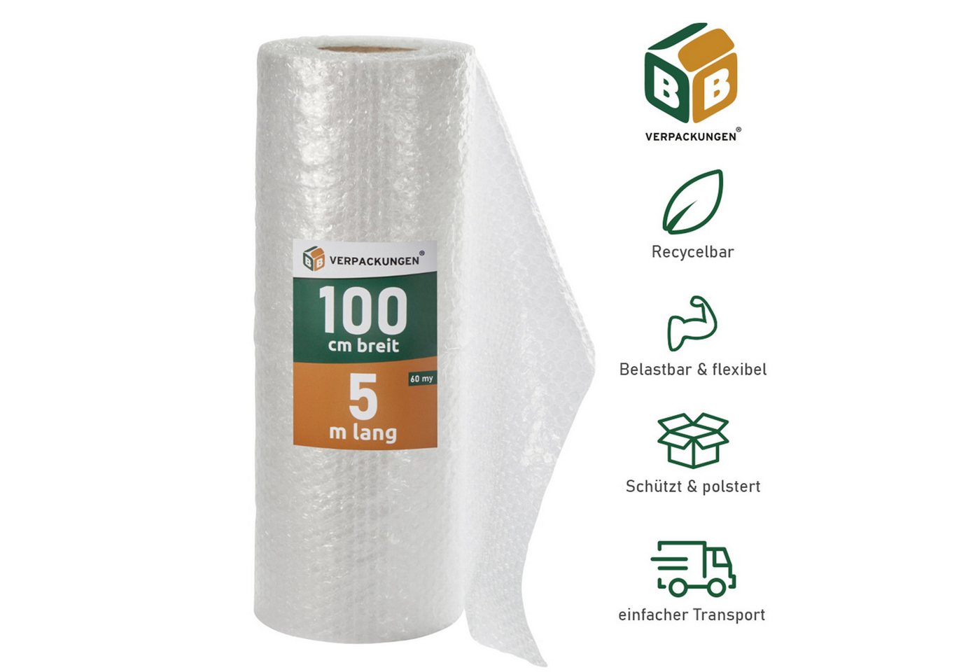 BB-Verpackungen Schutzfolie Luftpolsterfolie (1,0 x 5 m) echte 60 my stark, (1-St), 2-lagig, 1,0 x 5 m, 60 my Bild 2
