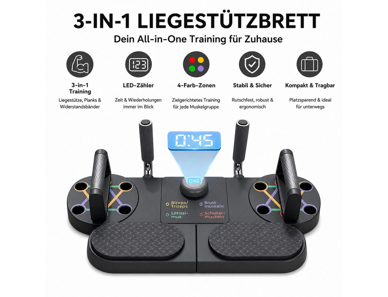 Toomoke Liegestützgriffe 3 in 1 Push-Up Liegestützbrett mit LED-Zähler Faltbare Fitnessboard (Oberkörpertraining für Brust, Schultern, Rücken & Trizeps, Fitnessgerät für Zuhause, Training für Brust Schulter Rücken & Trizeps, Multifunktionale Trainingsplattform), mit Timer,Home Gym Board für Calisthenics & Körpergewicht Training Bild 2