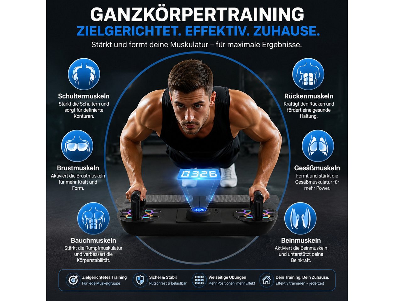 Toomoke Liegestützgriffe 3 in 1 Push-Up Liegestützbrett mit LED-Zähler Faltbare Fitnessboard (Oberkörpertraining für Brust, Schultern, Rücken & Trizeps, Fitnessgerät für Zuhause, Training für Brust Schulter Rücken & Trizeps, Multifunktionale Trainingsplattform), mit Timer,Home Gym Board für Calisthenics & Körpergewicht Training Bild 4