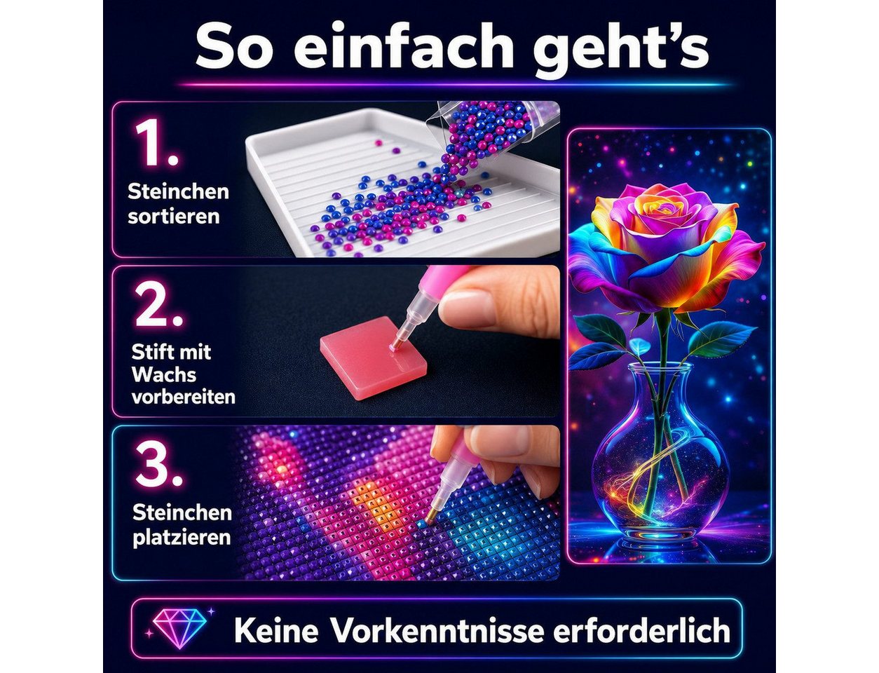 Rötting Design Malen nach Zahlen Diamond Painting Set 5D DIY - Blumen Motive Bastelsets (Komplett-Set), Diamond Painting Vollbild, Vollständiges Zubehörpaket Bild 5