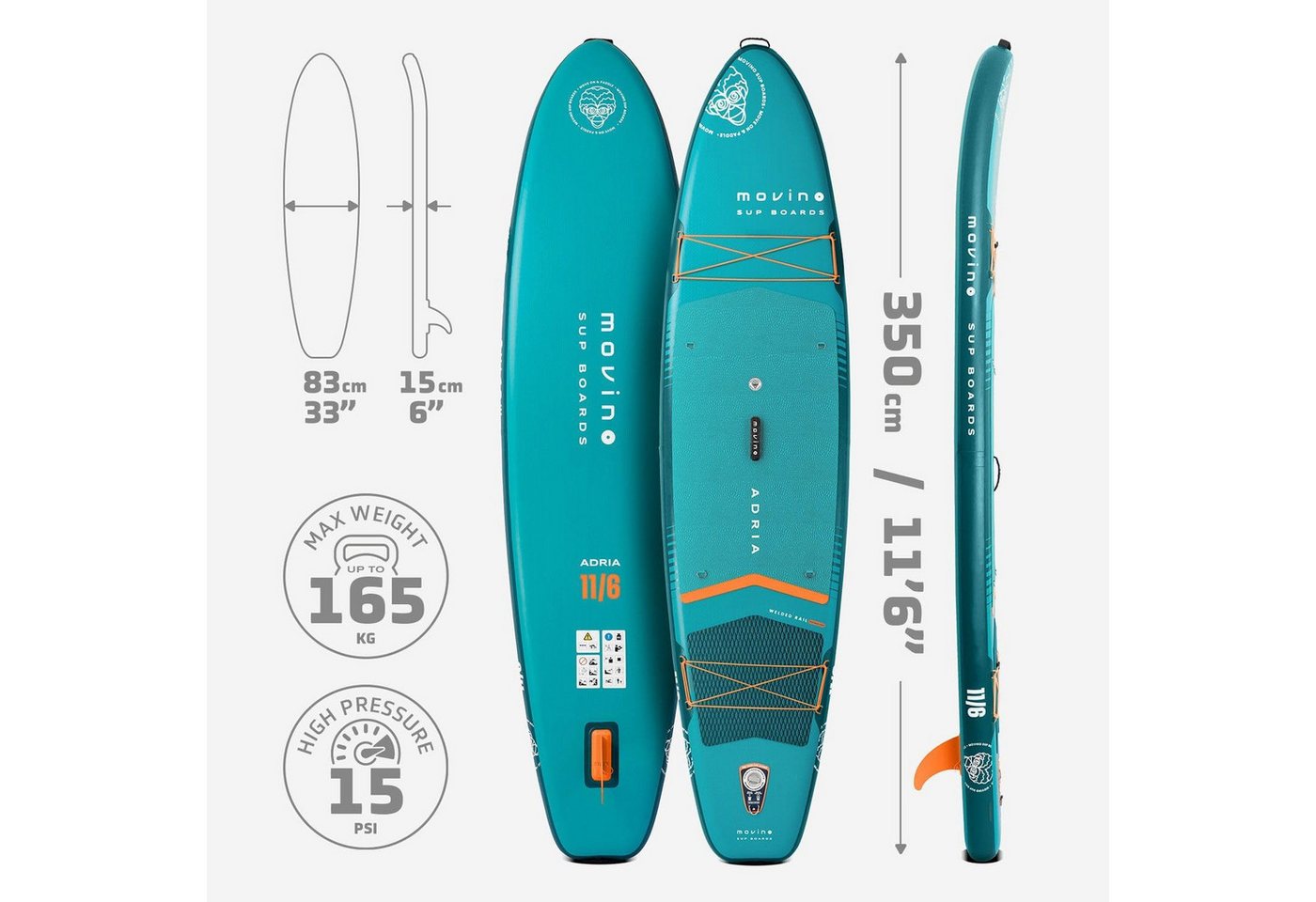 Movino SUP-Board MOVINO ADRIA 2in1 Set verschweißte Kanten Tragkraft 165kg, Allround Bild 4