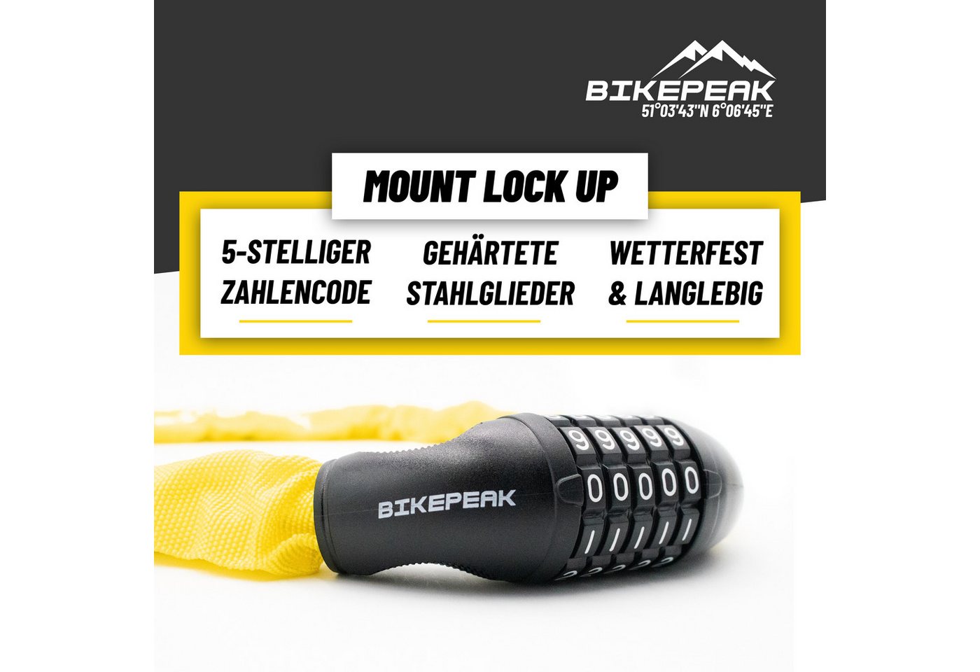 BikePeak Zahlenkettenschloss BikePeak Fahrradschloss 90 cm Kettenschloss mit 5-stelligem Zahlencode Bild 2