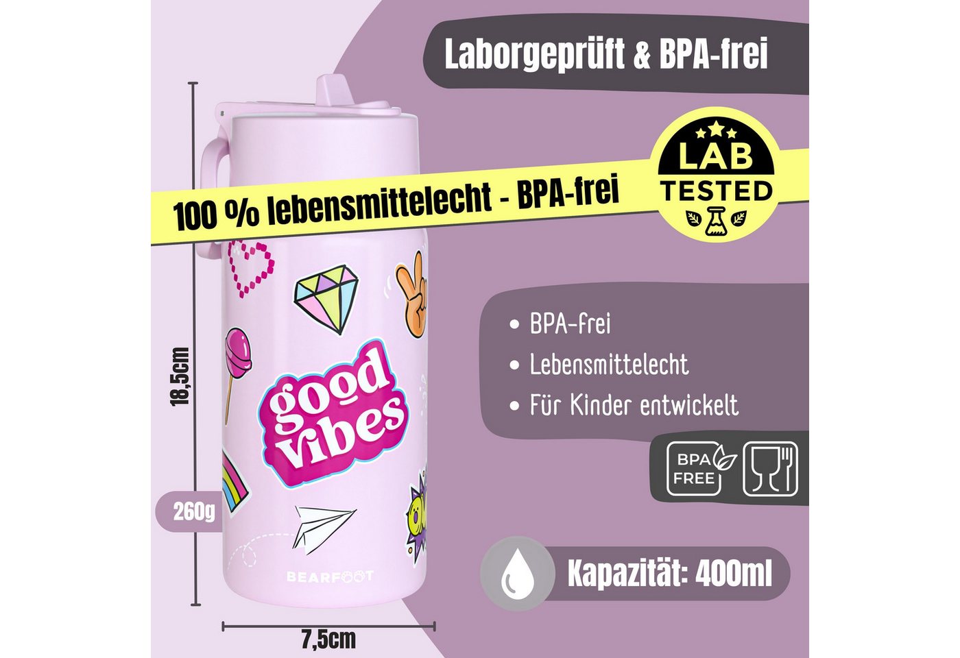 BEARFOOT Trinkflasche Thermo Kinder Trinkflasche Edelstahl - Sticker lila, Thermosflasche, auslaufsicher, Edelstahl, Kinderflasche, BPA-frei