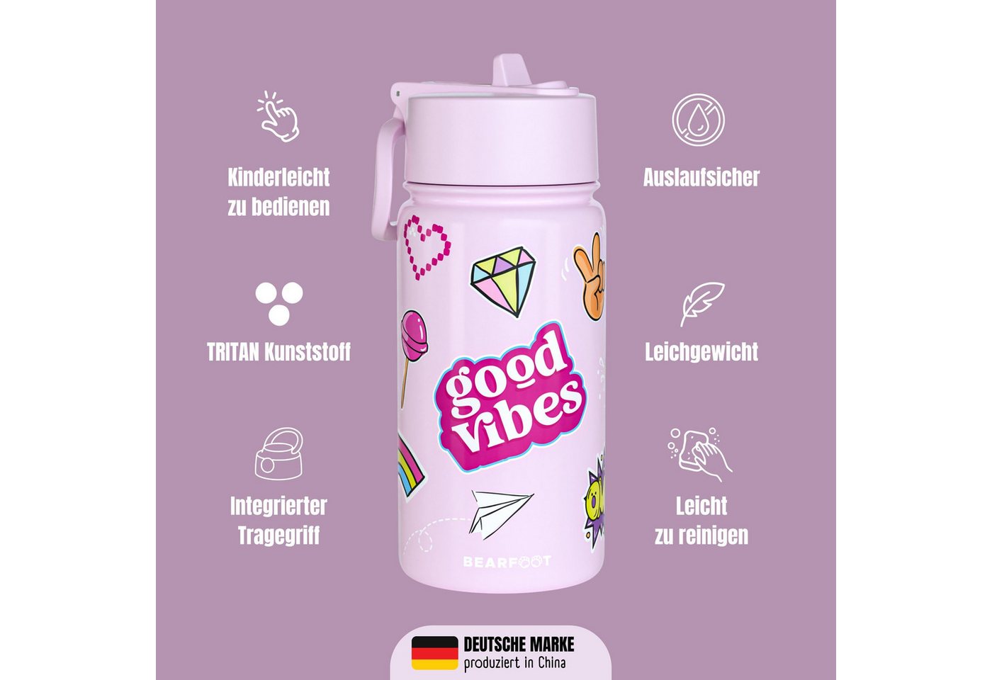 BEARFOOT Trinkflasche Thermo Kinder Trinkflasche Edelstahl - Sticker lila, Thermosflasche, auslaufsicher, Edelstahl, Kinderflasche, BPA-frei Bild 2
