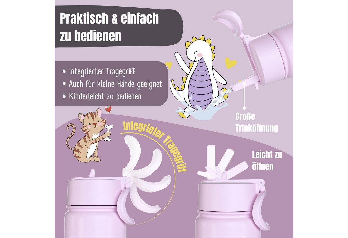 BEARFOOT Trinkflasche Thermo Kinder Trinkflasche Edelstahl - Sticker lila, Thermosflasche, auslaufsicher, Edelstahl, Kinderflasche, BPA-frei Bild 3