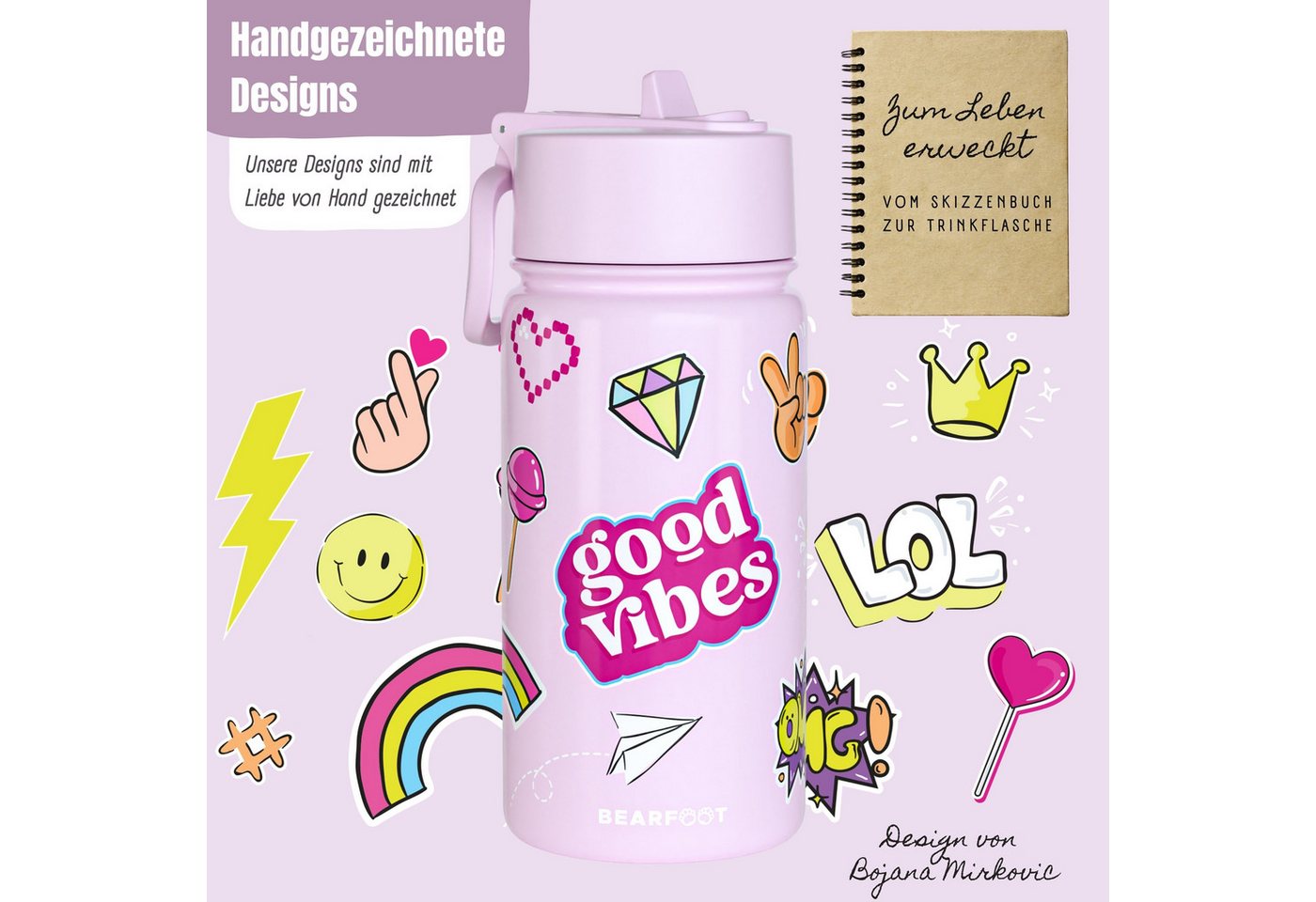 BEARFOOT Trinkflasche Thermo Kinder Trinkflasche Edelstahl - Sticker lila, Thermosflasche, auslaufsicher, Edelstahl, Kinderflasche, BPA-frei Bild 4