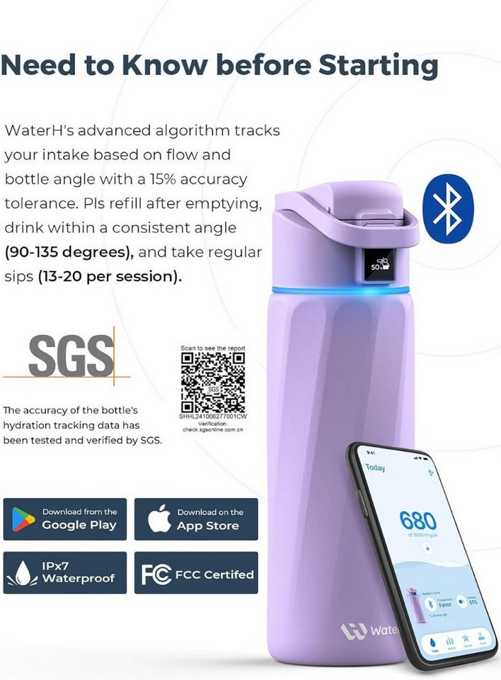 WaterH Trinkflasche Boost, LED-Touch-Display, 710 ml, Violett Bild 3