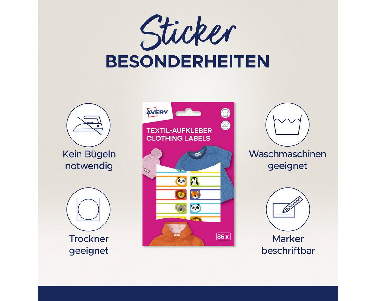Avery Zweckform Etiketten Textilaufkleber 45x13mm 36 Stück Motiv Tiere Bild 2