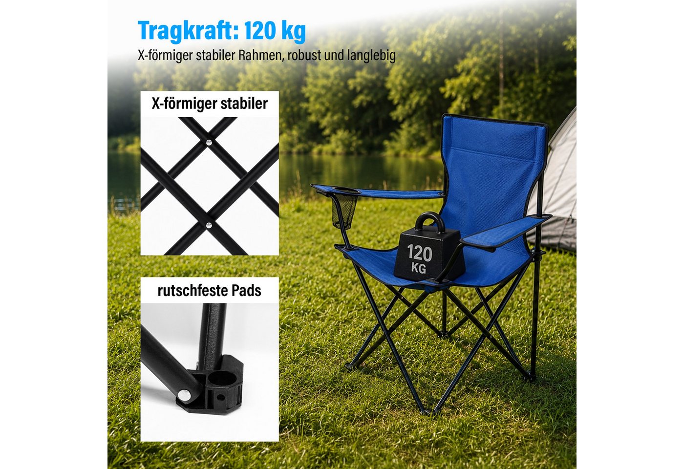 Cozyvibe Campingstuhl Campingstuhl faltbar Klappstuhl Camping Stuhl stabil leicht XXL Robust (Set, 1 St), 1er Set Angelstuhl klappbar mit Getränkehalter & Tasche bis 120kg Bild 3