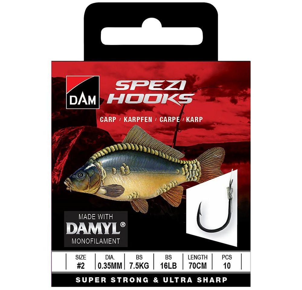DAM Fishing Karpfenhaken Vorfachhaken Spezi Carp Größen 2, 4, 6, 8, 10 Vorfachlänge 70 cm, Superstarke Tectan Damyl Superior Schnur Bild 2