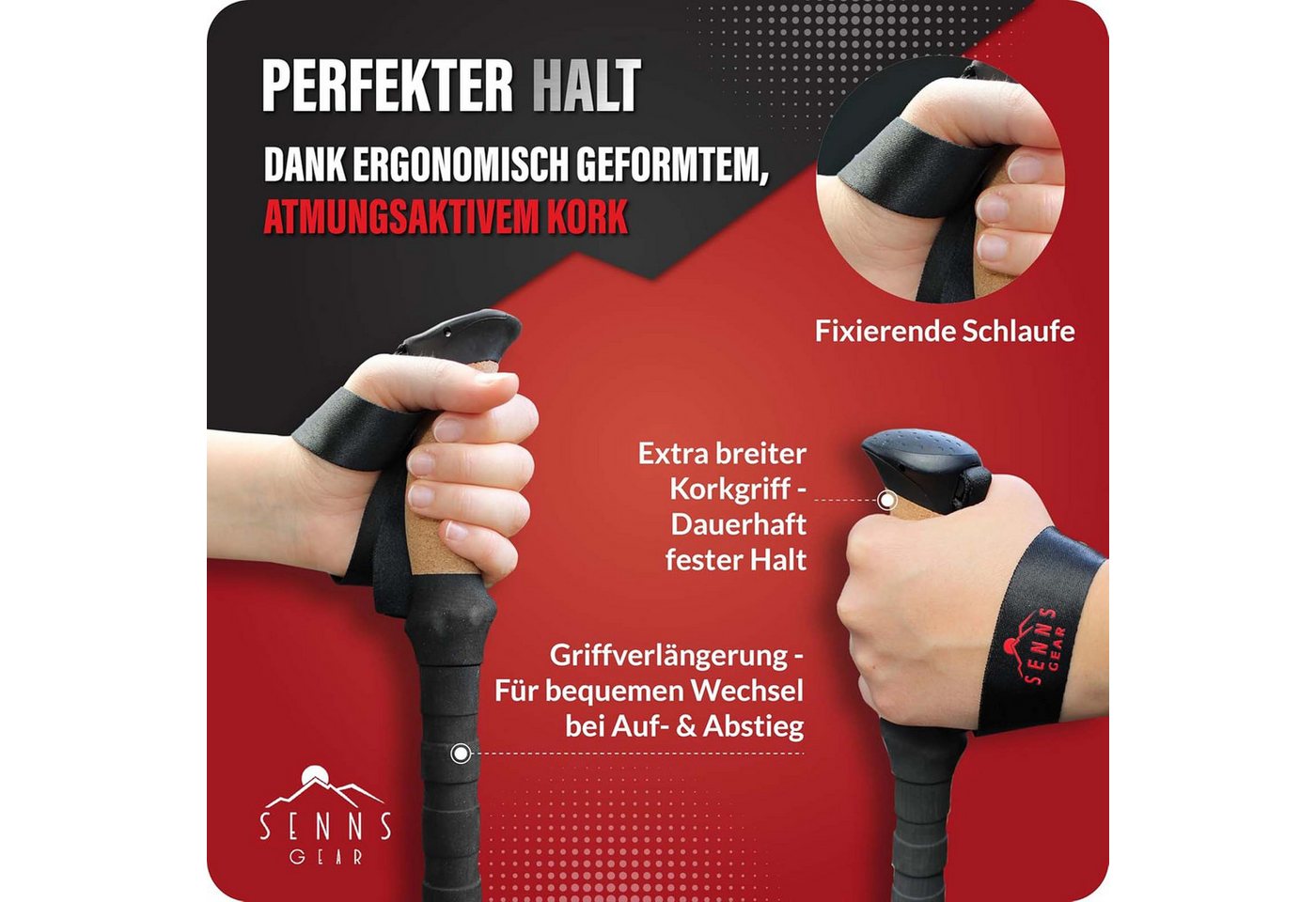 SENNS GEAR Wanderstöcke Wanderstöcke Faltbar Aluminium Nordic Walking Stöcke Trekkingstöcke (1 St), Inkl. Tasche / mit 5 Gummipuffer / mit Korkgriff & Griffverlängerung
