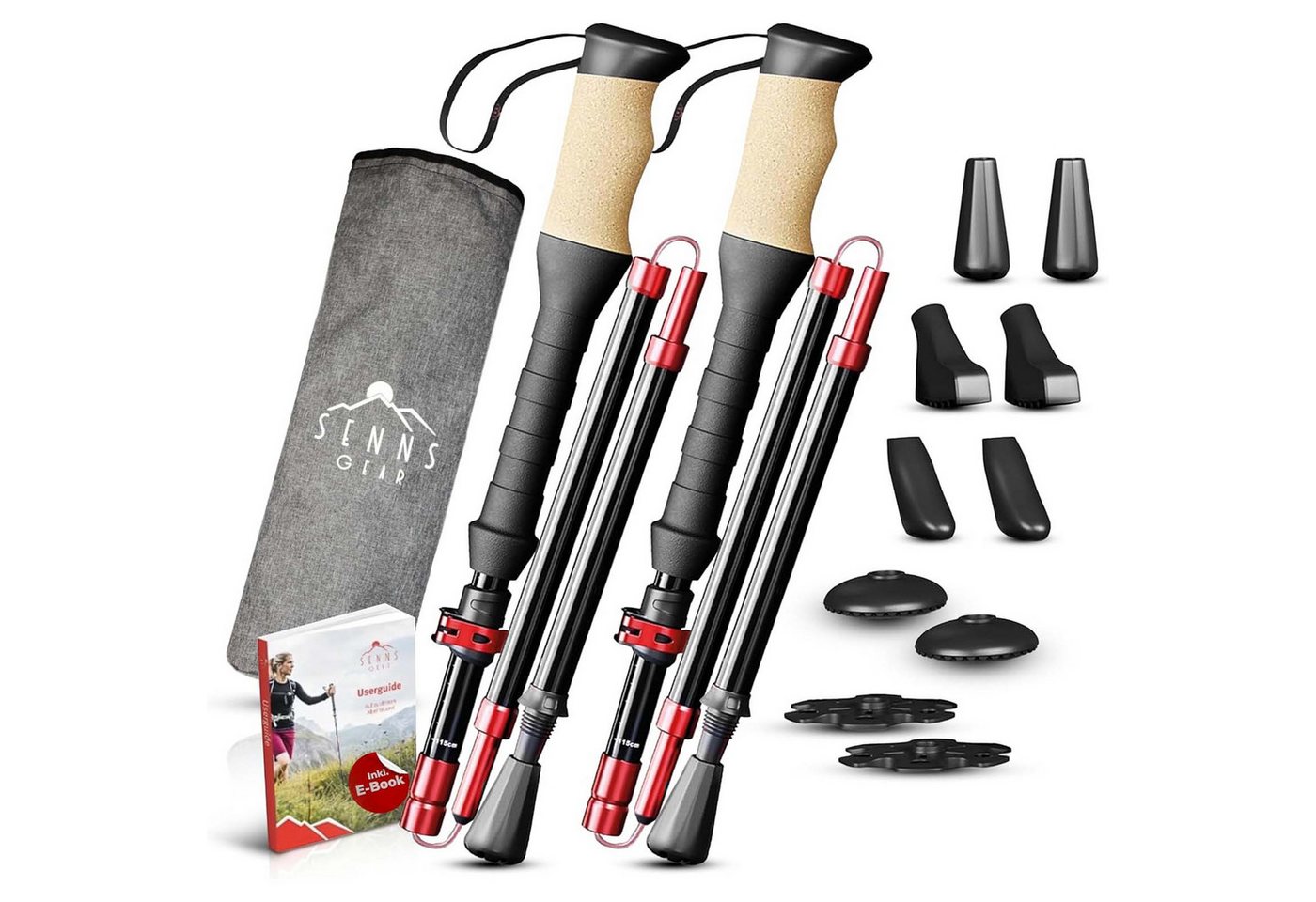 SENNS GEAR Wanderstöcke Wanderstöcke Faltbar Aluminium Nordic Walking Stöcke Trekkingstöcke (1 St), Inkl. Tasche / mit 5 Gummipuffer / mit Korkgriff & Griffverlängerung Bild 2