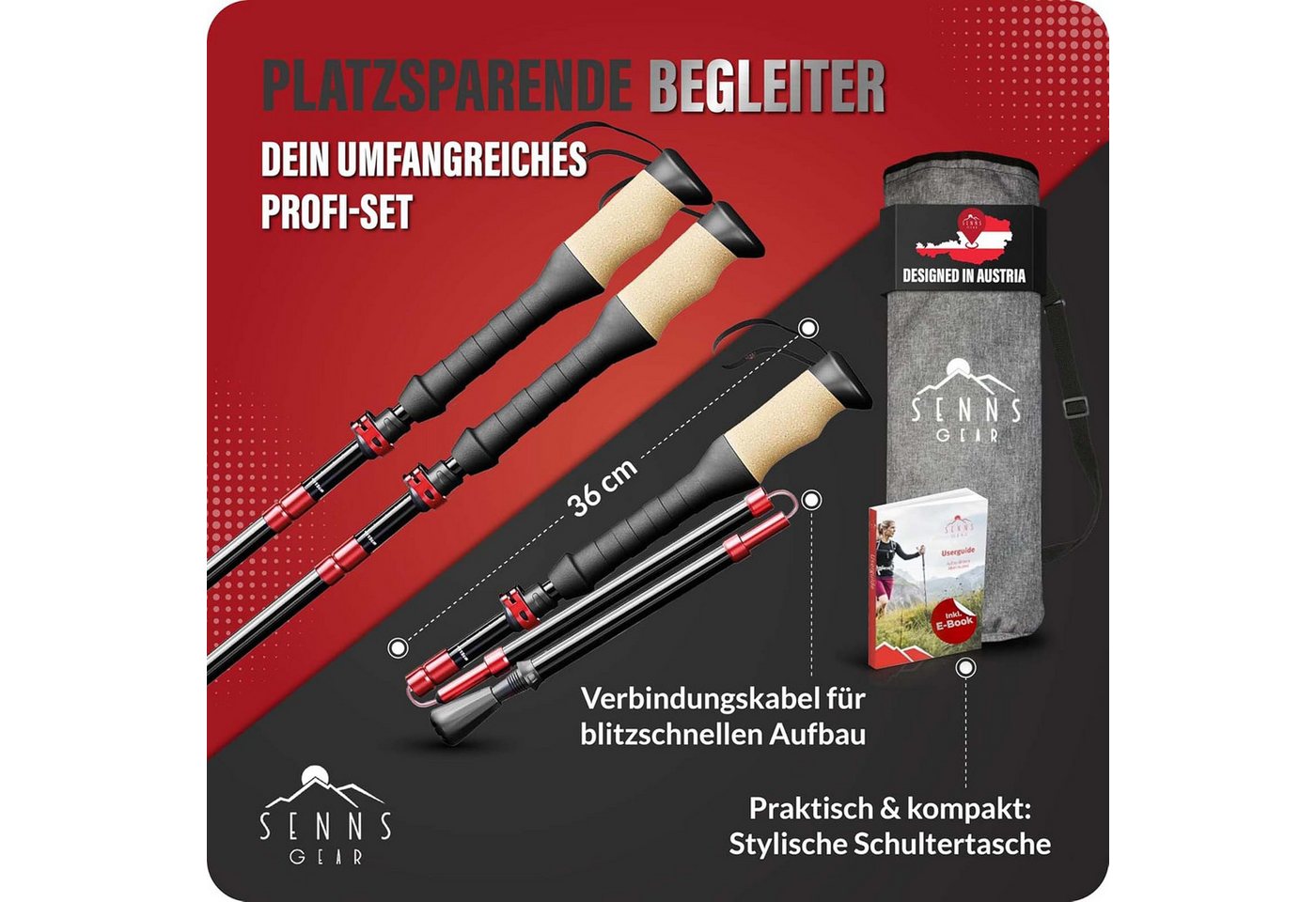 SENNS GEAR Wanderstöcke Wanderstöcke Faltbar Aluminium Nordic Walking Stöcke Trekkingstöcke (1 St), Inkl. Tasche / mit 5 Gummipuffer / mit Korkgriff & Griffverlängerung Bild 3