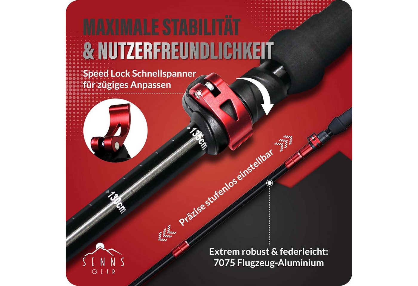 SENNS GEAR Wanderstöcke Wanderstöcke Faltbar Aluminium Nordic Walking Stöcke Trekkingstöcke (1 St), Inkl. Tasche / mit 5 Gummipuffer / mit Korkgriff & Griffverlängerung Bild 5