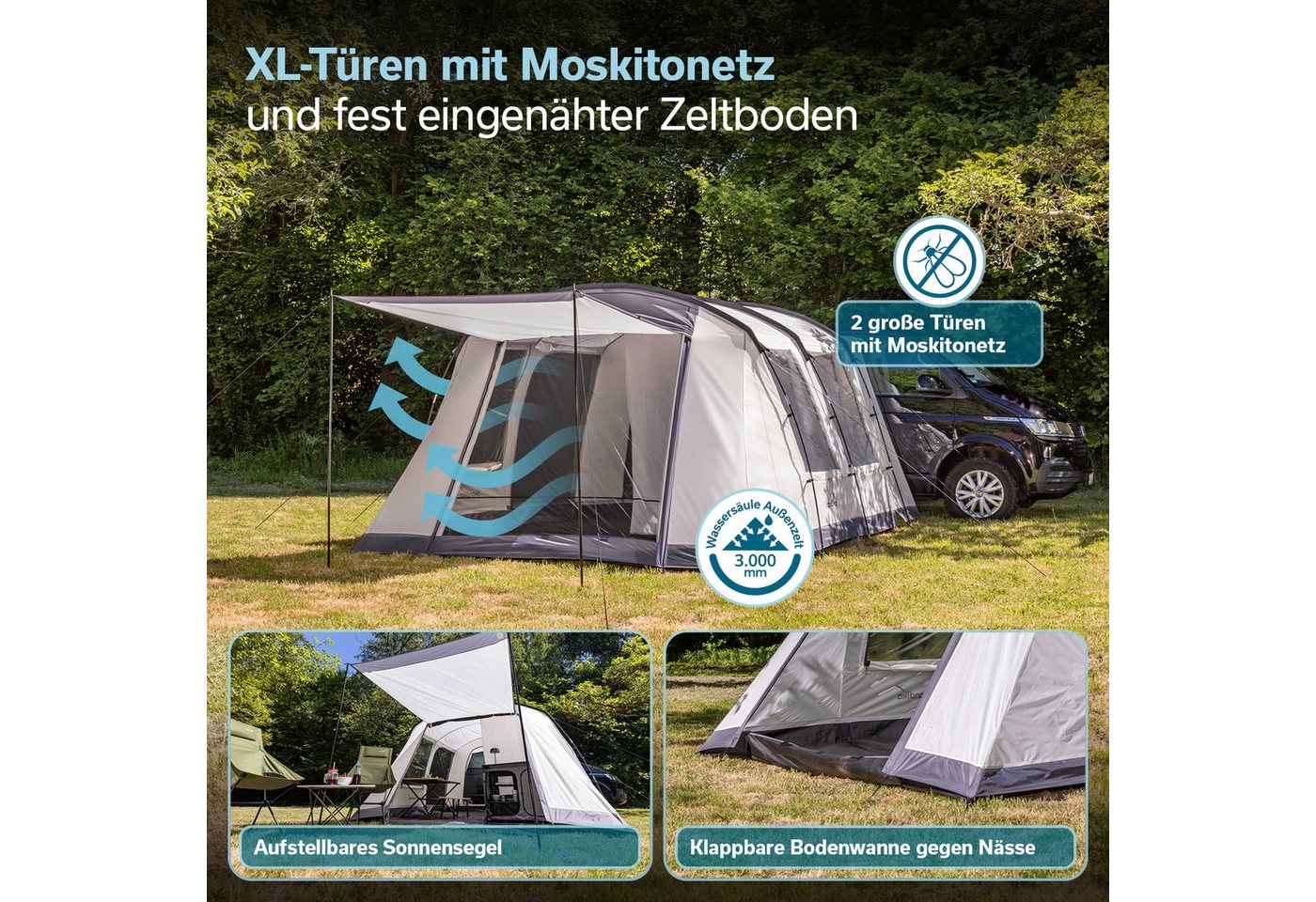 Skandika Tunnelzelt Busvorzelt Camper Tramp 2 Protect XL, Vorzelt 2-4 Personen, Personen: 2 (eingenähter Boden, Front- und Seitentür mit Moskitonetz versehen), 3000 mm Wassersäule, freistehend nutzbar, Maße (350 + 95)×320x205 cm