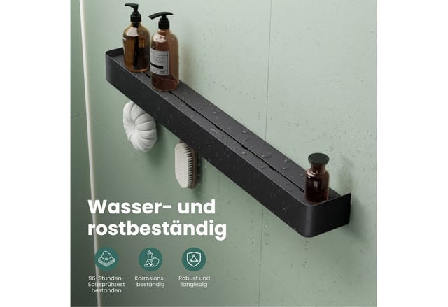 Mai & Mai Duschablage Zum Bohren Oder Kleben, Duschregal Mit Haken, Badablage Zur Wandmontage 40cm, Badezimmer Organizer Sandschwarz Reglo-05