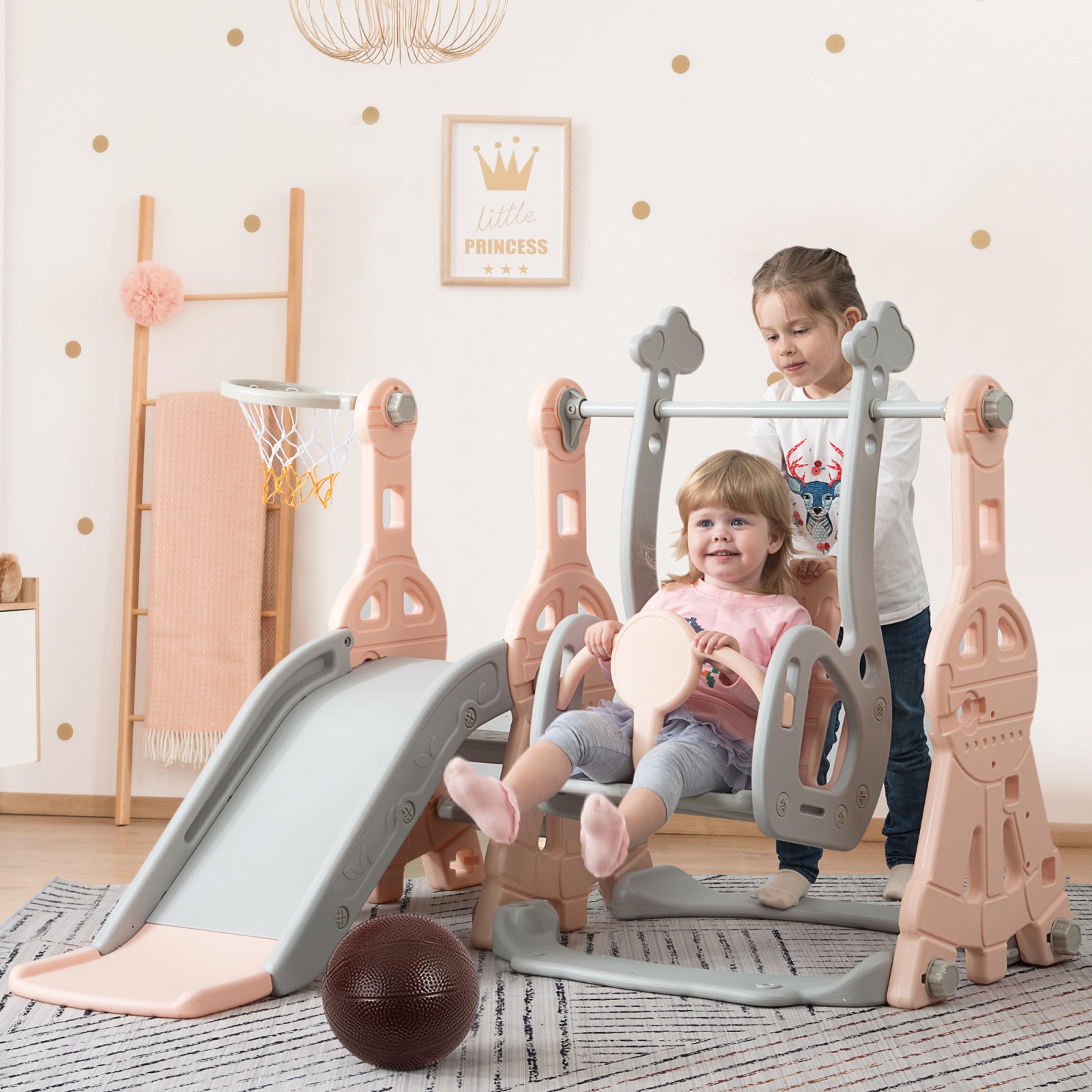4-in-1 Kinderspielplatz Mit Rutsche, Schaukel, Basketballkorb Und Leiter, Hdpe, Mehrfarbig