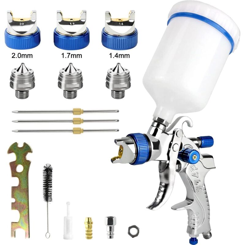Professionelle Schwerkraft-spritzpistole Mit 3 Düsen (1,4 Mm, 1,7 Mm, 2,0 Mm) Und 600-ccm-tank Zum Lackieren Von Autos, Möbeln Und Für Kleinere Reparaturen.