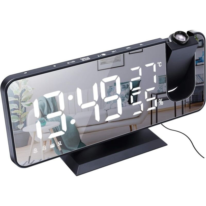 Schlafzimmer-projektor-wecker, Großer 7,4-zoll-led-spiegelbildschirm Und Radiowecker Mit 4 Helligkeitsstufen, Usb-aufladung, 180°-drehung, 2 Tönen, Schwarzweiß.