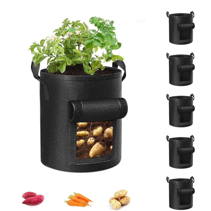 5er-set Pflanzsäcke, Gartensäcke Mit Verstärkten Griffen, Vliestöpfe Für Tomaten, Gemüse Und Obst, Schwarz