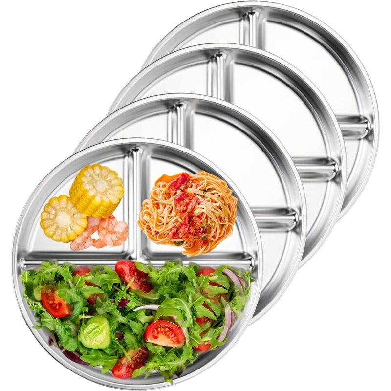 Edelstahlteller, 4-teiliges Set Mit Fächern, 23 Cm, Rutschfest, Für Erwachsene, Camping, Abendessen