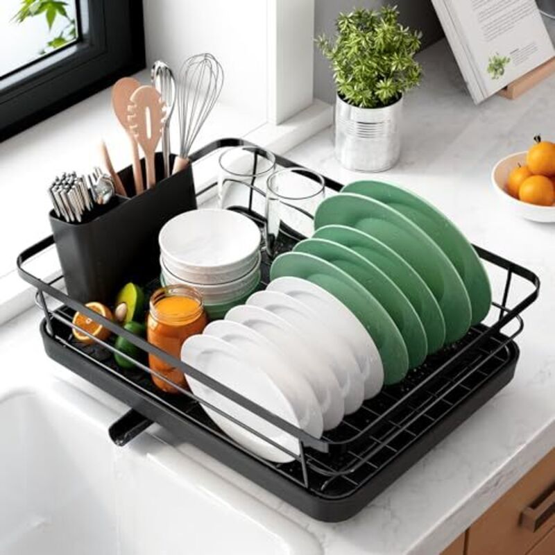 Küchenabtropfgestell – Kompakt Und Platzsparend, Edelstahl Mit Besteckhalter, 29,0 X 38,1 X 12,7 Cm, Schwarz
