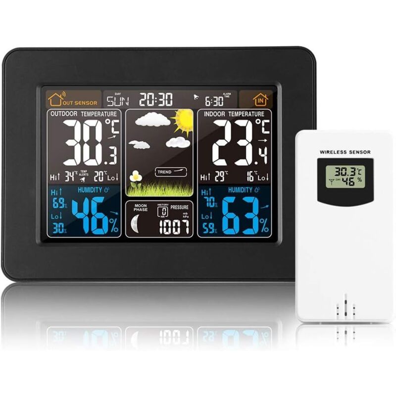 Drahtlose Digitale Wetterstation Mit Außensensor – Anzeige Von Uhrzeit, Datum, Temperatur, Luftfeuchtigkeit, Luftdruck, Wecker, Mondphasen Und Multifunktionsthermometer (schwarz)