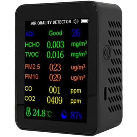 Tragbarer Luftqualitätsmonitor, 9 In 1, Kann Pm2.5, Pm10, Co, Co2, Tvoc, Hcho, Aqi, Temperatur Und Luftfeuchtigkeit Erkennen, Farbbildschirm, Kohlendioxiddetektor Mit Zeitanzeigefunktion.