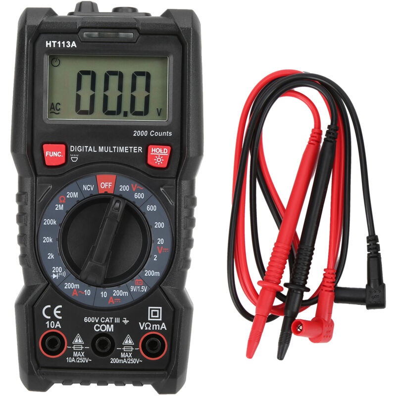 Multimètre Numérique Portable Ht113a Avec Test De Résistance Et Sécurité Double Isolation - Tension Jusqu'à 600v Et Courant 10a, Design Ergonomique Avec Rangement De Câbles Intégré