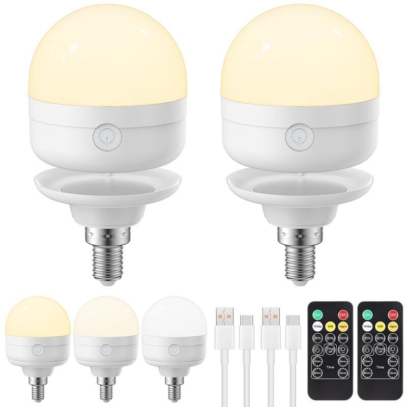 Lot De 2 Ampoules Led Rechargeables E14 Usb-c Avec Télécommande, 3 Températures De Couleur Réglables, Minuterie 4 Niveaux, Base Magnétique, 350 Lumens, Autonomie 8-36h