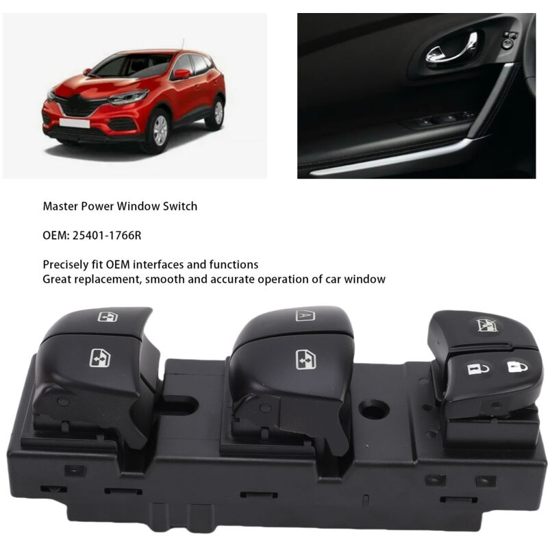Interrupteur De Vitre Électrique Maître Gauche Pour Kadjar (2015-2019) - Oem 25401-1766r, Noir, Commande Des Vitres