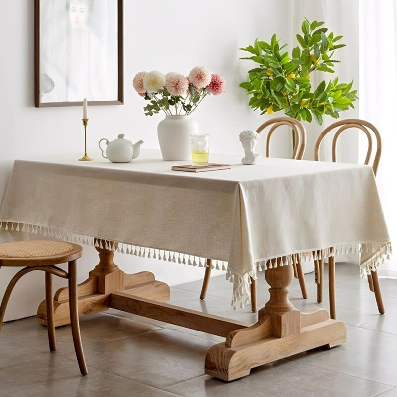 Beige, Fleckenabweisende, Waschbare Tischdecke Mit Quasten