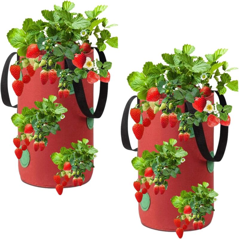 (20 X 35 Cm) (rot) Set Mit 2 Hängenden Erdbeer-pflanzsäcken Aus Vliesstoff Mit 12 Löchern