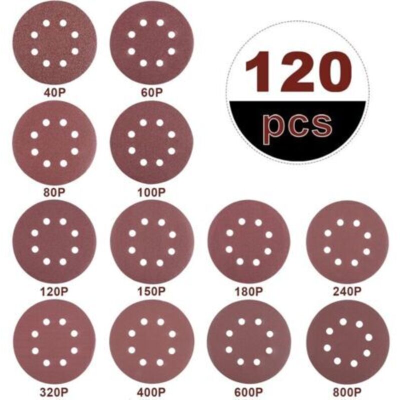 120x Disque De Ponçage 125mm Disques Abrasifs Pour Grain De Ponceuse Circulaire Papier Sablé, 40/60/80/100/ 120/150/180/240/ 320/400/600/800, 8 Trous, Pour Poncer, Polir, Dérouiller..dyk.trywise