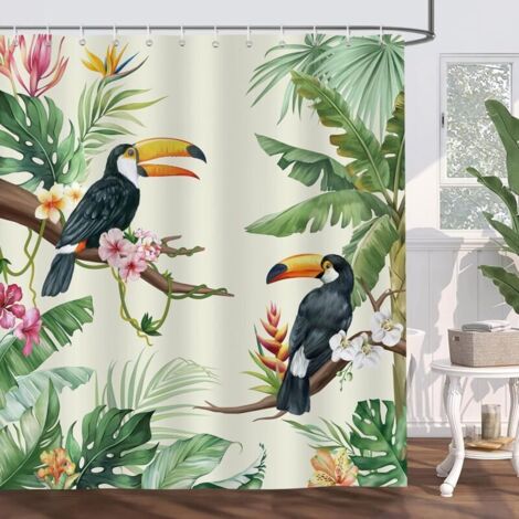 Tropischer Duschvorhang Mit Tukan, Vögeln Und Blättern Badezimmervorhang Polyestergewebe Schimmelresistent Wasserdicht Waschbar 180 X 180 Cm Mit 12 Haken Für Die Badewanne