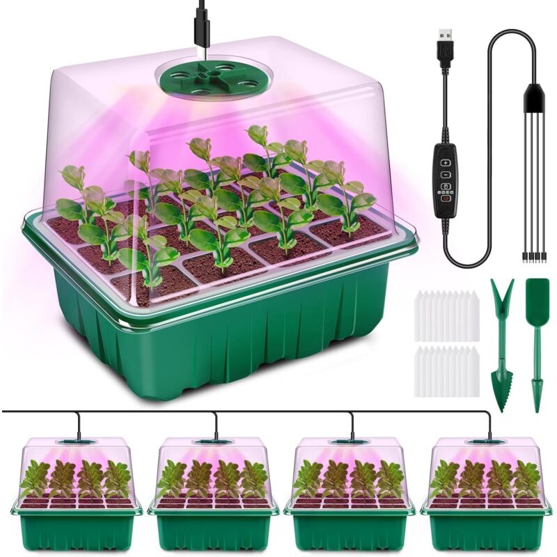 Mini Serre Pour Plantes Avec Lampe, 4 Pièces Serre Semis De Culture Avec Contrôleur De Synchronisation Luminosité Réglable, Épaissir Boite Semis Avec Couvercle Surélevé, Vert