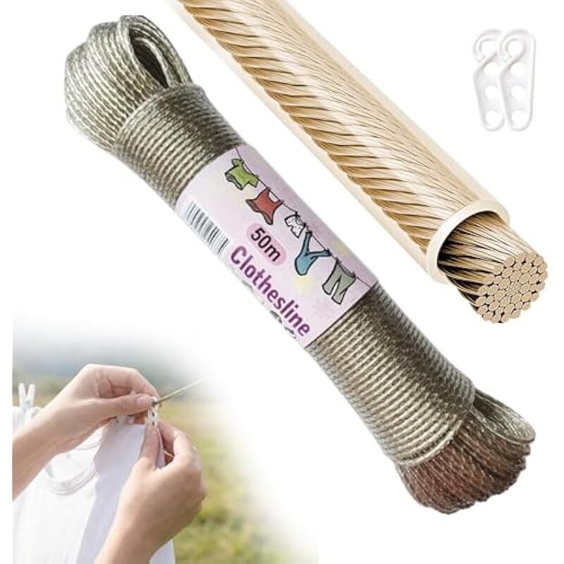 Corde A Linge Extérieur 50m: Corde À Linge Avec Noyau En Acier Extra Forte Avec Une Capacité De Charge De 150kg Inoxydable Et Etanche - Fil A Linge