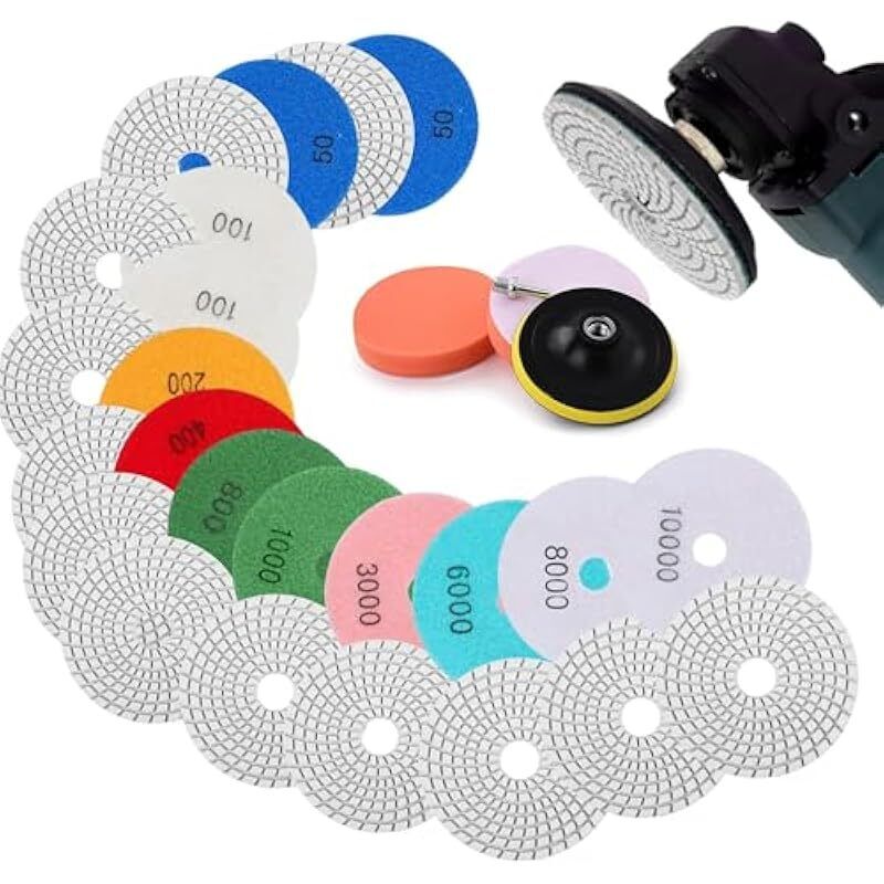 Lot De 16 Disques De Polissage 50 -10000 Pour Granit, Pierre, Béton, Marbre, Ponceuse De Sol Ou Polisseuse En Marbre Pour Polissage Avec Plaque De Support M14 + Adaptateur