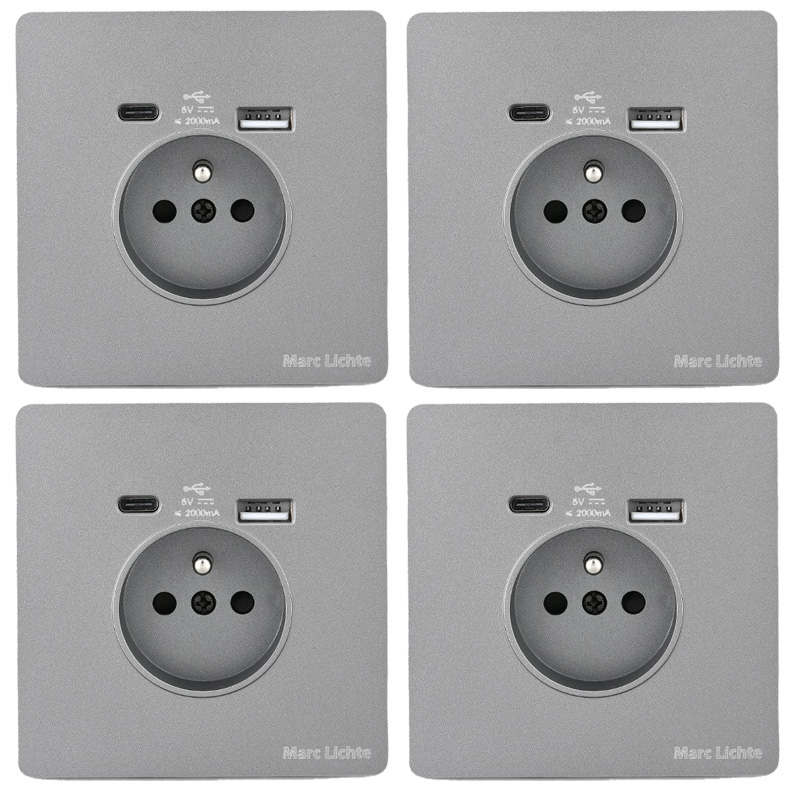 4er-pack 16-a-steckdosenleiste Mit Usb- Und Usb-c-anschlüssen, Wandmontage, Schutzglas, Schnelllade-usb-anschluss Für Smartphones, Tablets Und Andere Elektronische Geräte, Grau