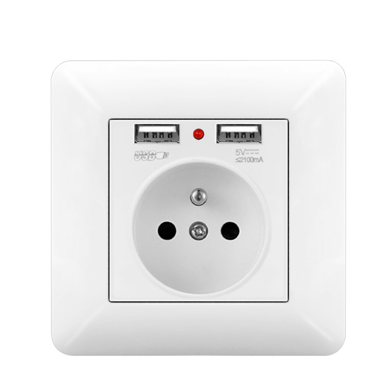 1 Stück 16-a-wandsteckdose Mit Zwei Usb-anschlüssen Und Led-beleuchtung – 240-v-unterputzsteckdose, Französischer Standard, Weiß