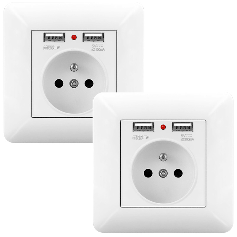 2er-pack 16-a-wandsteckdosen Mit Zwei Usb-anschlüssen Und Led-anzeige – 240-v-unterputzsteckdose, Französischer Standard, Weiß