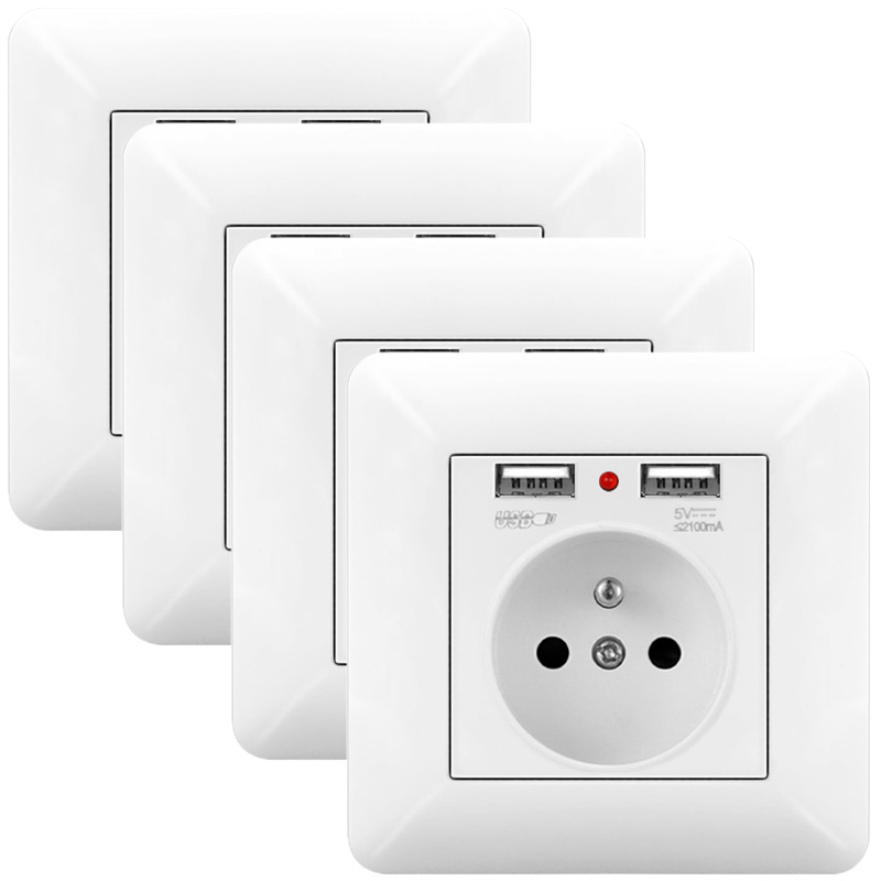 4er-set 16-a-wandsteckdosen Mit Zwei Usb-anschlüssen Und Leds – 240-v-unterputzsteckdose, Französischer Standard, Weiß