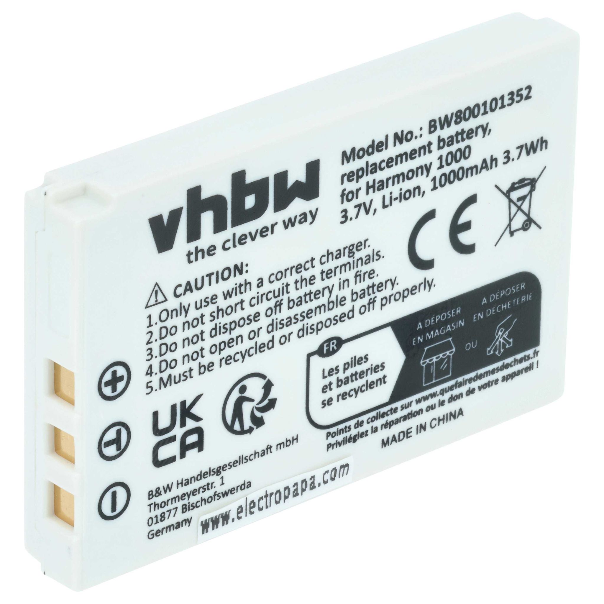 Vhbw Akku Kompatibel Mit Logitech Harmony 1100 Remote 1000 Remote, 1100i Remote Fernbedienung Remote Control (1000 Mah, 3,7 V, Li-ion)