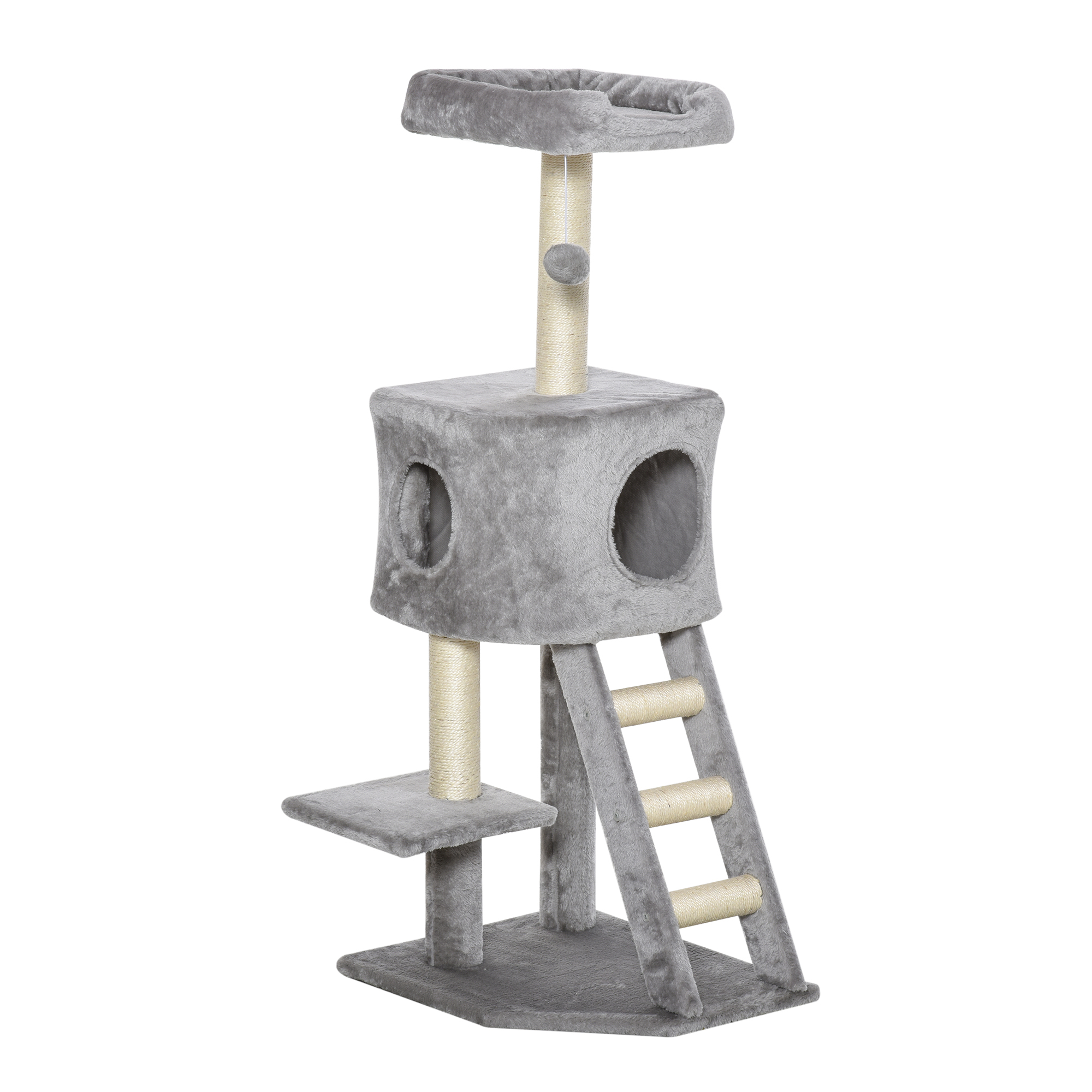 Kratzbaum 120 Cm Katzenturm Mit Höhle, Spielball, Sisalstämme, Plattform, Treppe, Mehrstöckiger Katzenkratzbaum, Kletterbaum Für Katzen, Hellgrau