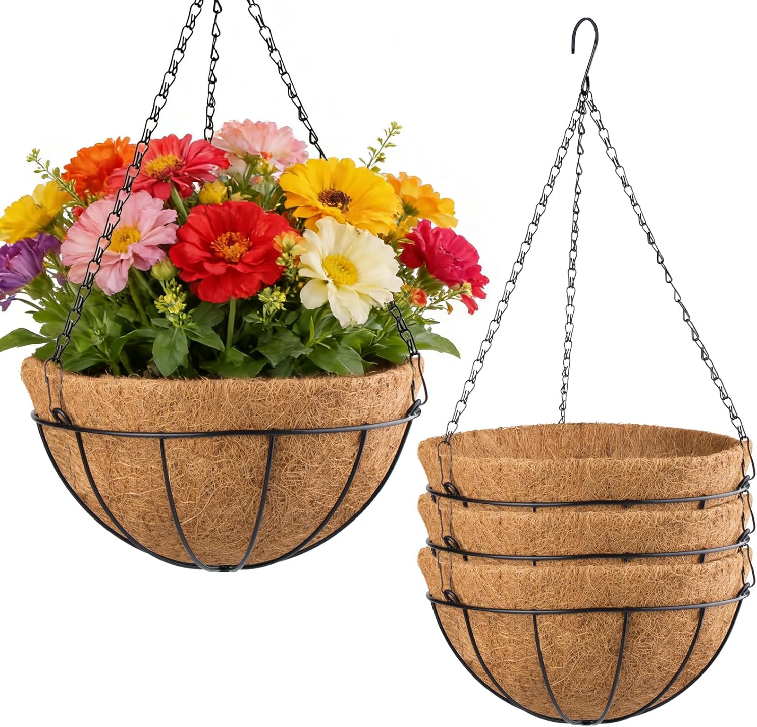 Set Mit 4 Runden, Hängenden Metallblumentöpfen Mit Kokosfaser-innenfutter, 30,5 Cm Durchmesser, Mit 50,5 Cm Langer Schwarzer Kette, Geeignet Für Den Innen- Und Außenbereich, Garten, Veranda, Balkon, T