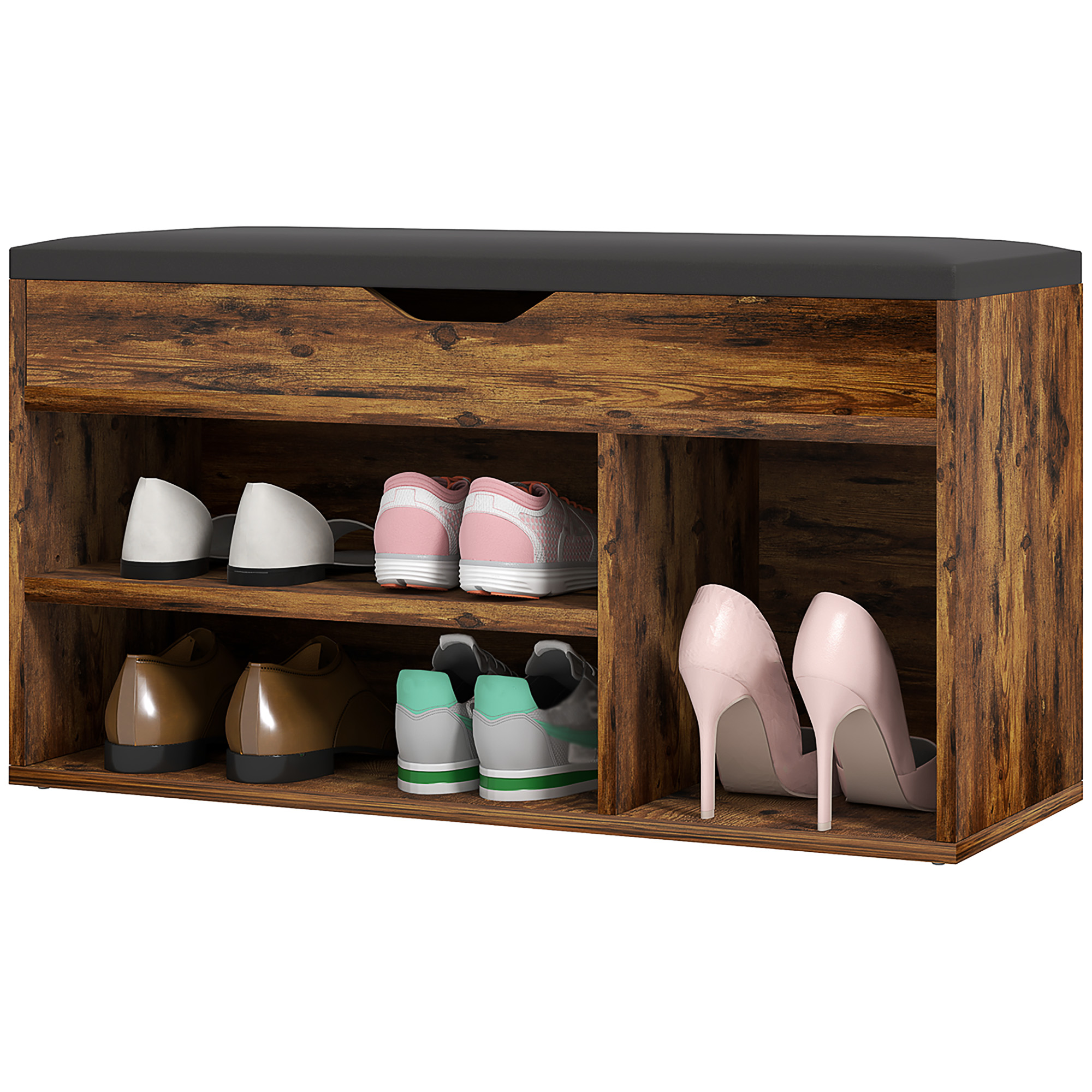 Zweistufige Schuhbank Mit Nische Und Staufach, Kissen In Mahagoni-holzoptik