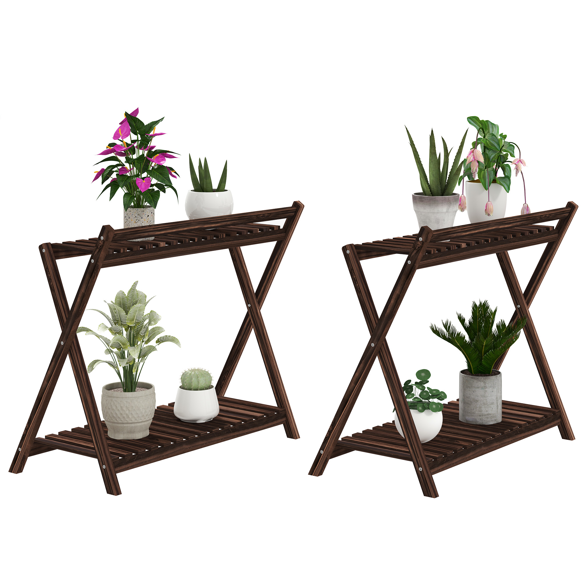 Set Mit 2 Zimmerpflanzenregalen, 2 Ebenen, 73 X 36 X 64 Cm, Braun