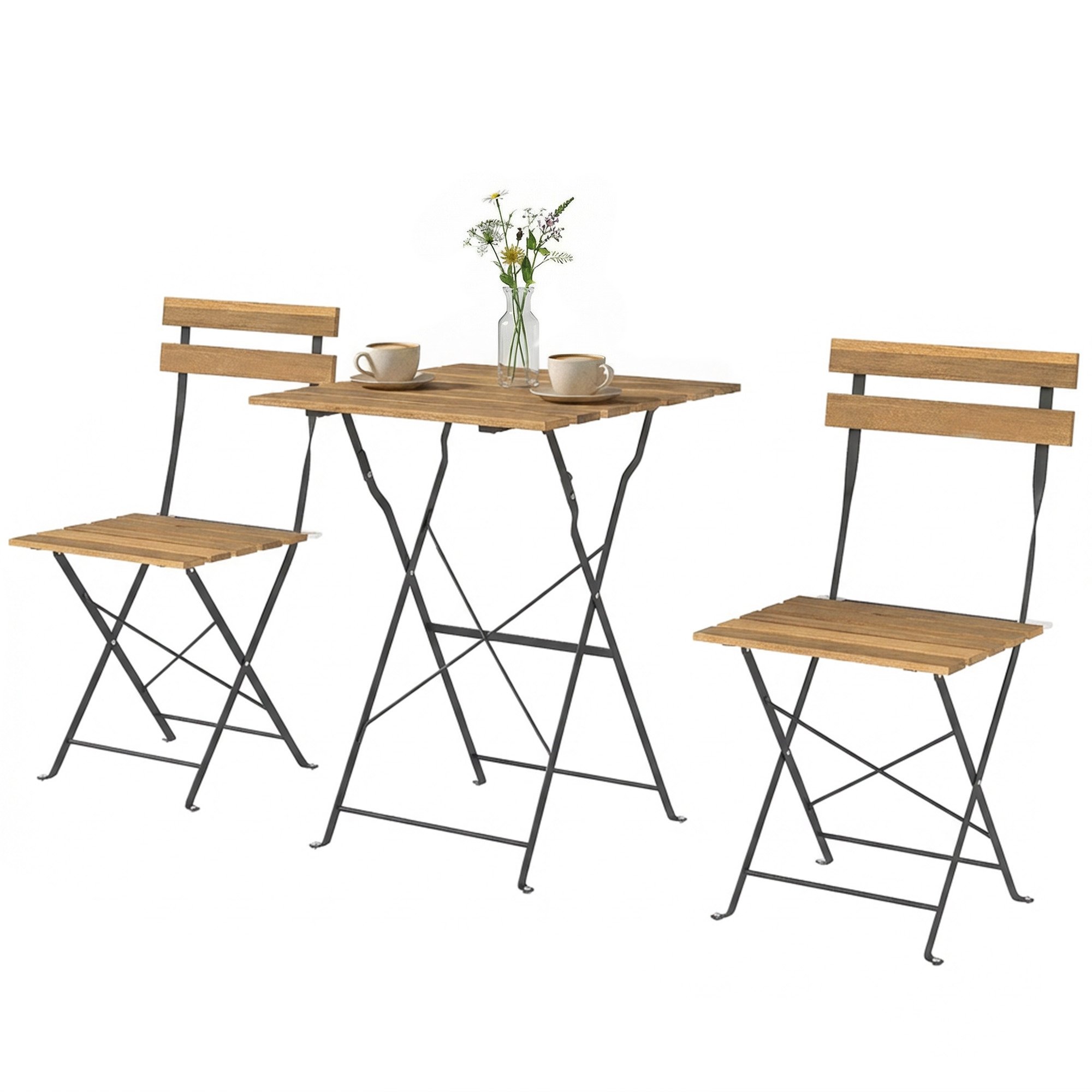 3-teiliges Bistro-gartenset, 2 Klappstühle Mit Armlehnen, Runder Akazienholztisch, 55 X 55 X 71 Cm, Naturfinish