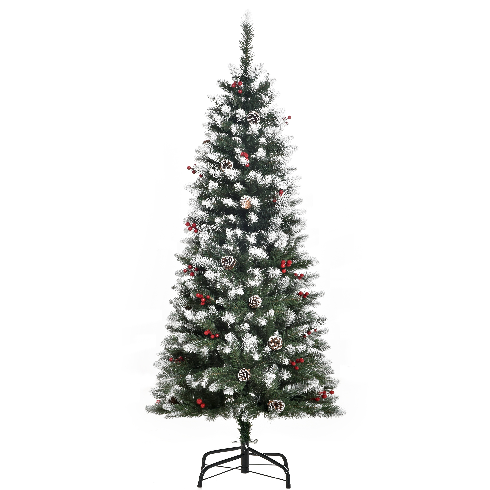 Künstlicher, Schneebedeckter Weihnachtsbaum, 150 Cm, Mit Roten Beeren Und Weißen Tannenzapfen, Abnehmbarem Klappfuß, 408 Zweige